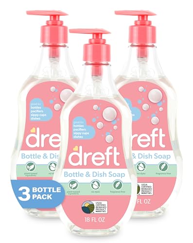 Image of DREFT Bottle and Dish Soap | Made to Clean Baby Bottles, Sippy Cups, Pacifiers, Breast Pumps, & More | Gently Removes Milk Film & Odors | Plant Based, Fragrance Free Dish Soap | 18 Fl Oz (Pack of 3)