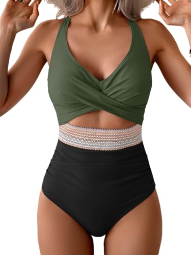 Image of B2prity Women's One Piece Swimsuit Tummy Control High Waisted Bathing Suit | Color Block,Removable Soft Cups,Cutout,V neck,Full Coverage,Adjustable Criss Cross Straps,Tie Back