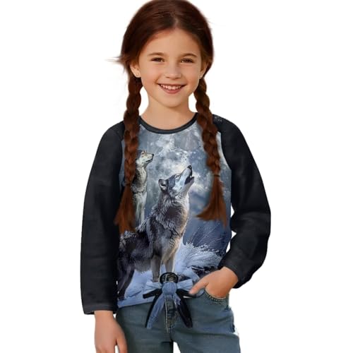 WELLFLYHOM Girls' T-Shirt 5-12T Casual Crewneck Tops Front Tie Graphic Long Sleeve Sweatshirts Athletic Fall Clothes