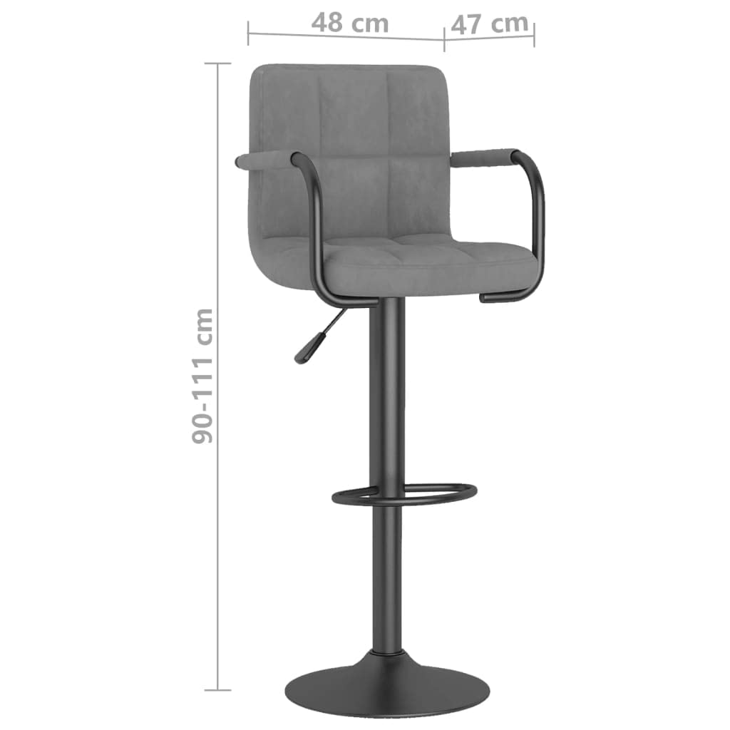 Taburete de bar de terciopelo gris claro con elevador de gas, altura regulable 48 x 47 x 90 hasta 111 cm, giratorio 360 grados, reposapiés, estructura de acero negro, hasta 110 kg