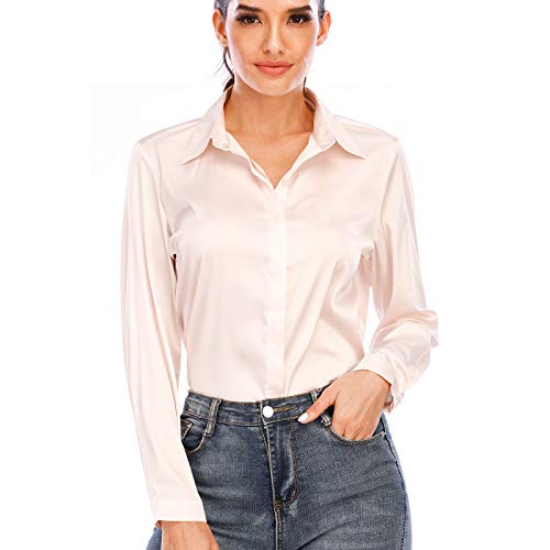 Women's Silk Blouse Long Sleeve Lady Shirt Casual Office Work Blouse Button-Down Shirts Tops(Champagne,L)