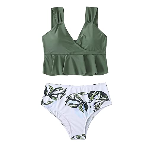 CHMORA Damen Bikini Badeanzug mit V-Ausschnitt und hoher TailleRüschen Badeanzug mit hoher Taille und Blattdruck Bademode Zweiteiliger Badeanzug Cover