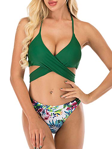 Image of Womens Bathing Suits Bikini Swimsuit for Women Floral Printed Halter Bikini Two Piece Swimsuits Green 2XL