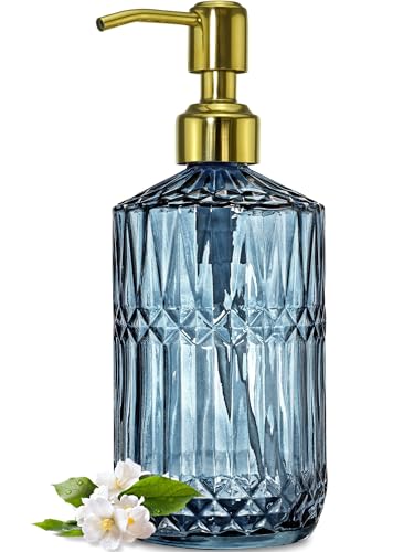 JASAI 18Oz Blue Glass Soap Dispenser with Golden Pump, Refillable Bathroom soap...