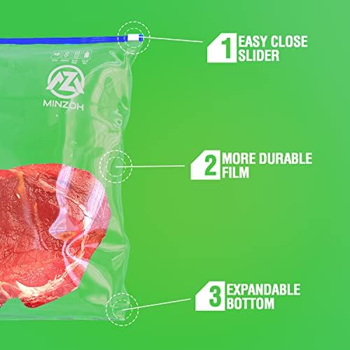 Minzoh Ziplock Slider Freezer Bags - 1 Gallon(4.55L) Pack of 32 Stand & Fill Expandable Bottom - Reusable Heavy Duty BPA Free Food Storage Bags ( W28.8 x L31+6cm bottom )