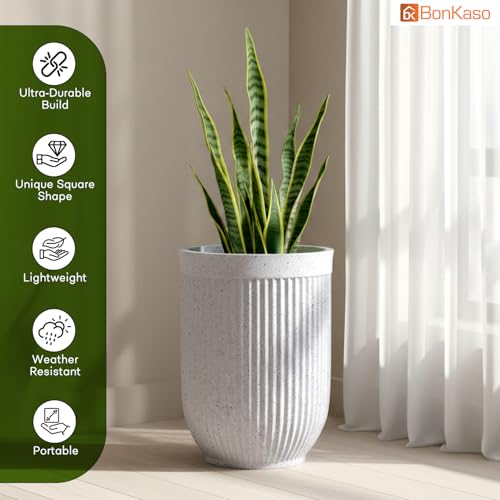 Image of Bonkaso 18 Inch Burj Khalifa Ribbed Planter for Indoor & Outdoor Use | Round Heavy Duty Polymer Flower Pot | Lightweight Weather Resistant Modern Gamla for Living Room Balcony & Terrace (White)