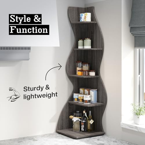 Image of Tribesigns Corner Shelf, Modern 5-Tier Wall Corner Bookshelf, Stylish Corner Small Bookcase Storage Rack Plant Stand with Unique Shape for Living Room, Home Office(Gray, 2PCS)