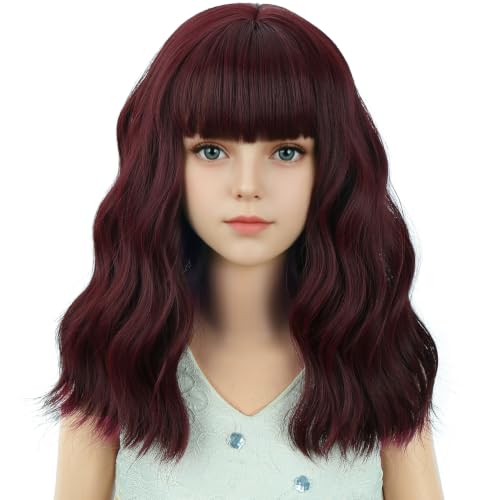 Image of Deep Red Wig Short Red Wavy Curly Wigs Wig with Air Bangs Synthetic Cosplay Hair Wigs
