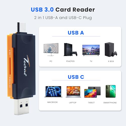 Image of Techie 2 in 1 USB A and USB C Card Reader with SD and Micro SD Slots, Fast Data Transfer, Plug and Play for Laptop, MacBook, iPad Pro, Tablet, Camera, Black Orange