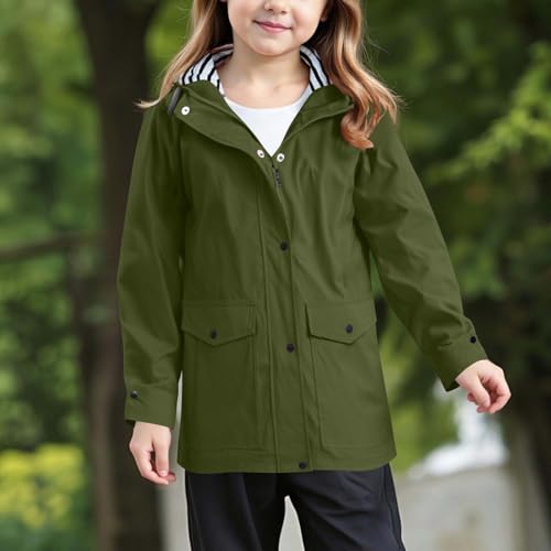 Girls Lightweight Waterproof Rain Jacket Hooded Raincoat Striped Lining Zip Up Windbreaker with Pockets 5-16 Years3