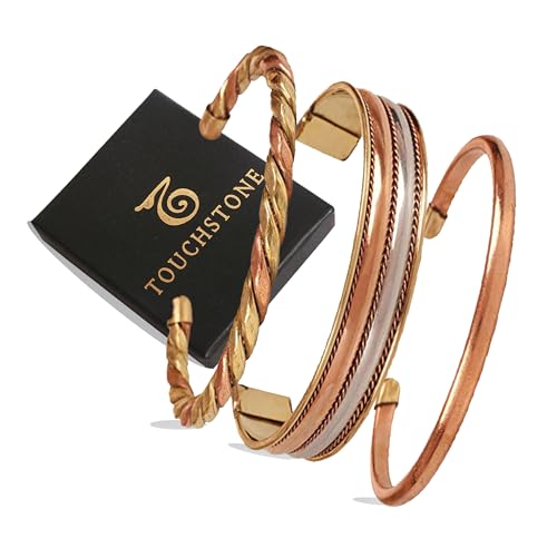 Image of Touchstone copper bracelets | gift for men women |adjustable 100% pure solid real magnetic jewelry | handmade bracelet set combo | rope braided tibetan bangles.
