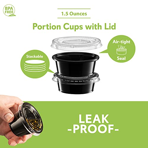 Image of 1.5 oz - 100 Sets Black Diposable Plastic Portion Cups With Lids, Small Mini Containers For Portion Controll, Jello Shots, Meal Prep, Sauce Cups, Slime, Condiments Disposable Souffle Cups