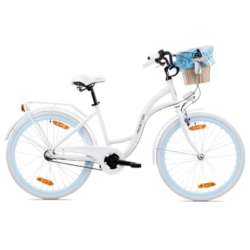 Goetze Style 26 Zoll Jugend Citybike, 17 Zoll Tiefeinsteiger Aluminiumrahmen, 3-Gang Nabenschaltung, Rücktrittbremse, V-Bremse vorne, LED-Beleuchtung, Rattankorb, Komfortsattel, mit Ständer & Klingel