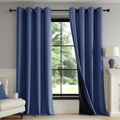 Image of FMFUNCTEX 100% Blackout Curtains for Bedroom, Navy Blue Curtains 108 Inches Long Textured Thermal Insulated Curtains for Living Room Drapes, Black Out Drapery Grommet Room Darkening 2 Panels