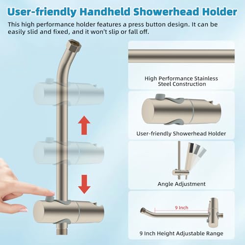 Hibbent Shower Slide Bar with Handheld Shower Head Holder, Stainless Steel Shower Arm Extension Sliding Bar, Height & Angle Adjustment Showerhead Holder, Brushed Nickel - image 6