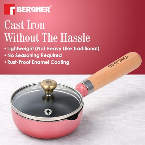 Image of BERGNER Excalibur Lightweight Cast Iron Tadka Pan with Lid 12cm, Non-Stick Vaghar Pan, PFAS Free, Perfect Heat Distribution, Elegant Design, Silicone Grips - Induction and Gas Stove Ready (Pink)