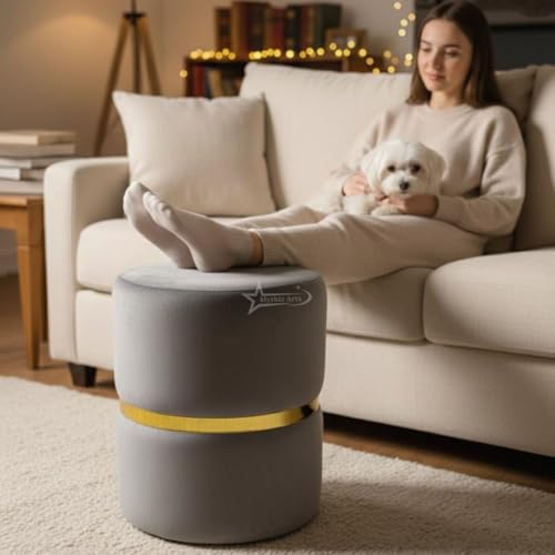 Image of Round Single Strip Upholstered Stool Living Room Foot Rest Linen Fabric Padded Seat Pouf Ottoman Office Stool Grey