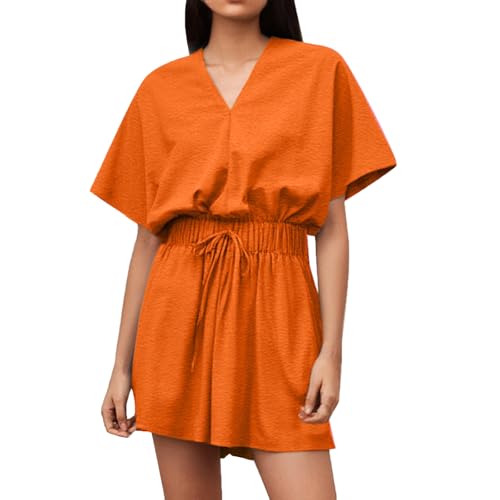 Ensemble short femme orange col V à taille élastique deux pièces d'été