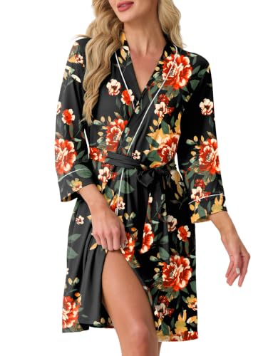 Image of PrinStory Womens Robe Knee Length Soft Knit Bathrobe S-2XL | V-Neck 3 /4 Sleeve Robes with Pockets, Lightweight, Breathable Bath Robe for Shower, Spa, Travel, Home, Party, Nursing