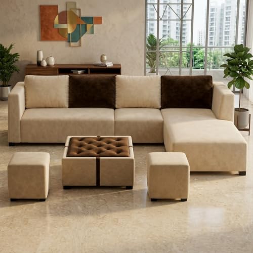 Image of FURNY Olympus 8 Seater RHS L Shape Sofa Set | Plush Velvet Suede Fabric | Modern Design | Soft Comfort Dual Color Cushions for Living Room, Office & Hotels (Cream-Dark Brown)