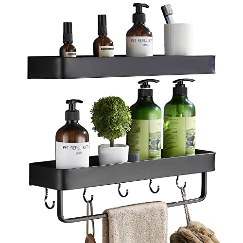 FDGAUCA Etagere Douche,Etagere Salle De Bain Accessoire Douche 5 Hooks and Porte-Serviette, Paniers Rangement D'organisateur de Douche Mural Support Douche Espace Aluminium Antirouille Lot de 2 Noir Cover