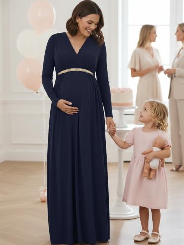 Image of KOH KOH Womens Maternity Long Sleeve V-Neck Flowy Winter Maxi Dress Gown