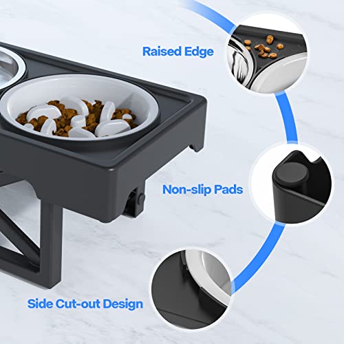 Elevated Dog Bowls, 3 Adjustable Heights Raised Pet Bowl Stand Feeder with Slow 2 Stainless Steel Food & Water Bowls for Large Medium and Small Cats
