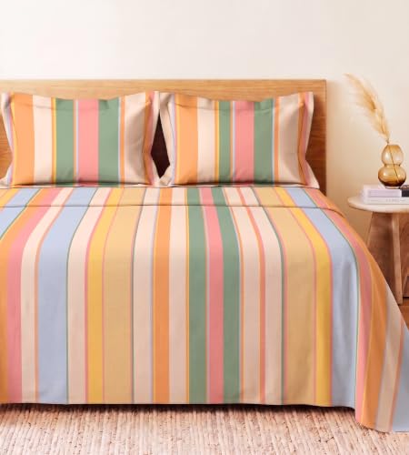 Image of BSB HOME 240 TC Cotton Feel Bedsheet with 2 Pillow Covers, Soft & Breathable Printed Double Bed Sheet for Bedroom, Fade Resistant & Easy Care - 90 x 100 Inches (228 x 254 cm) - Sorbet Pastel Stripe