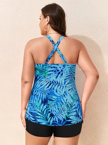 Women Plus Size Tankini Swimsuits with Shorts Tummy Control Two Piece Blouson Bathing Suits High Neck Swimwear4