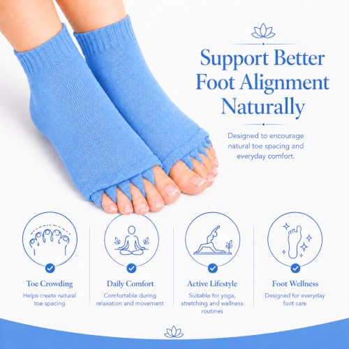 Image of Foot Alignment Orthopedic Cotton Socks for Men & Women | Five Toe Separator | Foot Pain Relief | Bunion Corrector | Plantar Fasciitis Support | Improves Posture & Flexibility | Free Size | Sky Blue | 1 Pair