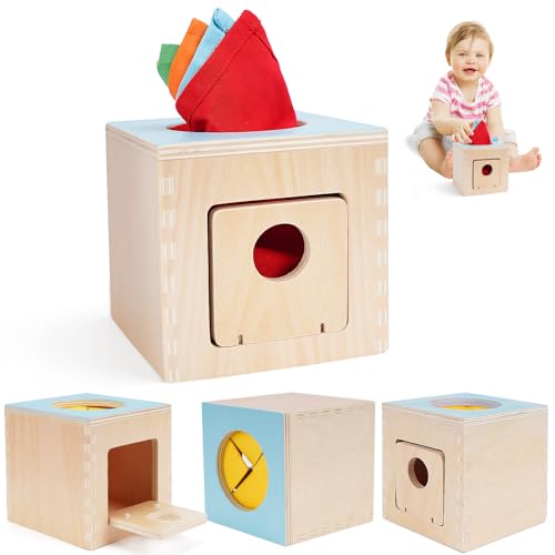 Image of FCSONU Kids Toddler Toys, Montessori Baby Toys 0-6-12 Months, 1 Year Old Wooden Baby Tissue Box Toy for Educational Learning with Cloth Tissues, Boys & Girls Gifts for Birthday Christmas Children Day
