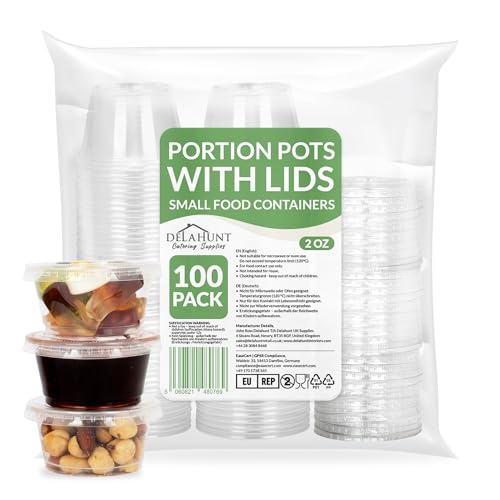 Delahunt Catering Supplies - 2oz (60ml) Small Disposable Plastic Portion Pots with Lids [100 Pack] - Clear Round Leakproof Deli Pot Containers for Sauce, Dips, Jelly Shots, Jello, Salad Dressing, Snack, Meal Prep & Takeaway Use