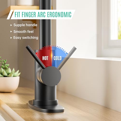 BASDEHEN Single Handle High Arc Matte Black Pull Out Kitchen Faucet, Single Level Stainless Steel Kitchen Sink Faucet with Pull Down Sprayer and 10 Inch Deck (Matte Black) - Thumbnail 5