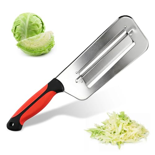 Krauthobel mit 2 Scharfen Edelstahl-Klingen für Sauerkraut & Krautsalat Rutschfester Handgemüseschneider & Hobel Multifunktionaler Küchenhelfer für Kohl Karotten und Obst Rot