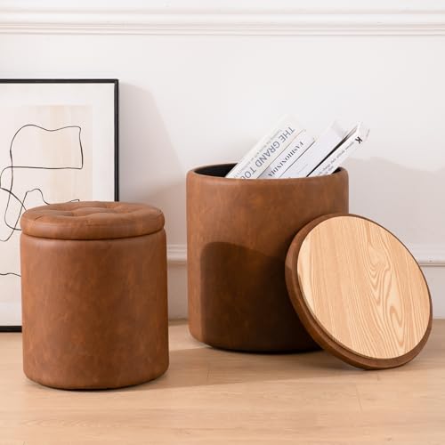 Round Ottoman with Storage Set of 2, 12.6"W x 14.17"H & 14.76"W x 17.32"H Faux Leather Button Tufted Storage Ottoman, Boucle Vanity Stool Footrest Coffee Table for Living Room, Bedroom, Brown