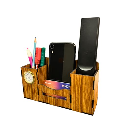 Image of Zesta Wooden Desk Organizer Pen Stand Remote Holder Card Slot | Table Accessory Office Desk Study Room | Pencil Storage Stand Stylish Workspace Decor (Organiser Clock)
