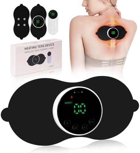 TENS Unit with Heating for Pain Relief, Wireless Muscle Stimulator with Remote Controller, Portable Rechargeable Massager for Shoulder Waist Back Arm Leg (2 Pads)