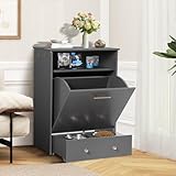 TITIMO Pet Feeder Station,Dog Food Storage Cabinet Container with 2 Pull Out Dog Elevated Bowls and Hanger,Pet Toy Storage Organizer,Feeding & Watering Pet Supplies (Gray)