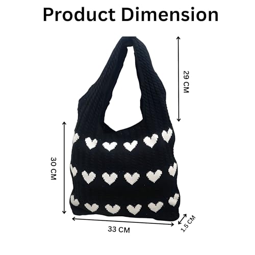 Image of Cotton Knitted Heart Pattern Tote Bag for Women - Large, Stylish & Durable Black Shoulder Handbag for Everyday Use, Travel, Shopping, Work & Beach (Pack of 1)