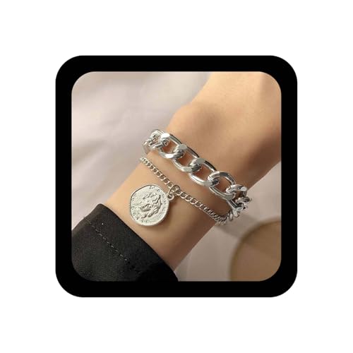 Inilbran Boho Capas Cubano Cadena Mano Pulsera Vintage Disco Medallón Pulsera De Plata Chunky Cadena Pulseras Ajustable Retrato Moneda Mano Arnés Enlace Pulseras Joyería Para Las Mujeres