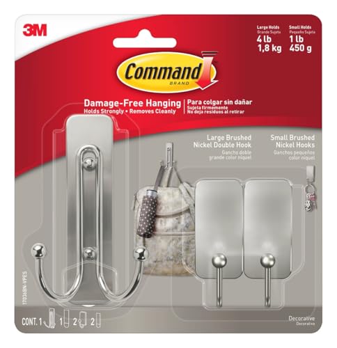 Command Large Double and Small Brushed Nickel Hooks 17036BN-VPEF, 1 Large Hook, 2 Small Hooks, 1 Large Strip, 2 Small Strips, Value Pack by Command - Used condition - CA$15.38