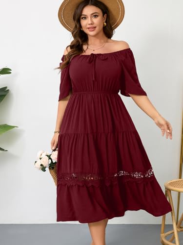 Image of RWJ Women's Plus Size Maxi Dress Short Sleeve Square Neck Flowy A-Line Lace Trim Flutter Party Casual Off Shoulder Dresses