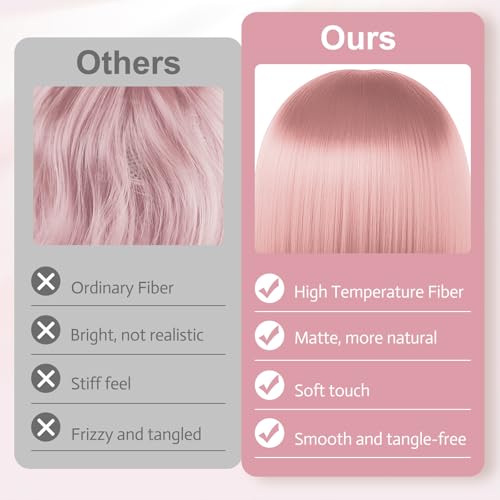 Image of MEEZY Cute Pink Short Bob Wigs Straight Hair with Flat Bangs Heart Sunglasses for Women, Colorful Funny Cosplay Party Neon Wig Synthetic Natural As Real Carnival Halloween Costume