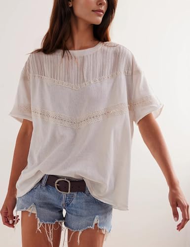 Yidarer Women Summer Oversized Lace Cotton Tops Crew Neck Short Sleeve Cute Shirts Casual Boho Crochet Blouses2
