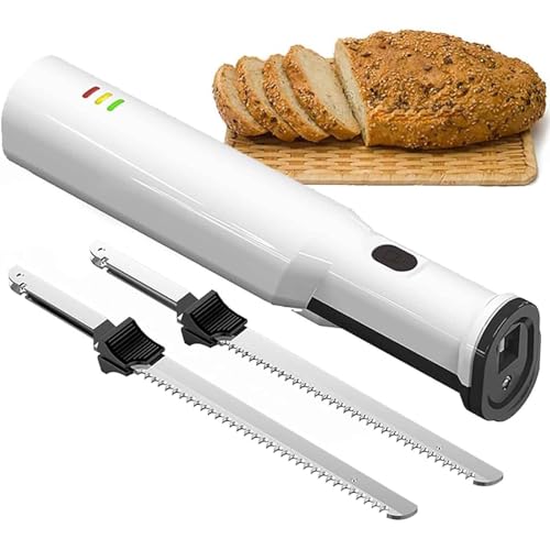 Cuchillo eléctrico for trinchar, Cortador de Pan inalámbrico con 2 Hojas dentadas, Cuchillas de Acero Inoxidable de 8, trincha Carnes eficientemente, for Aves, Pasteles y Tostadas.