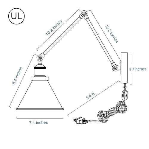 Image of LALUZ Black Wall Sconces Lighting, Modern Swing Arm Plug-in or Hardwired Adjustable Wall Lamp with Antique Silver Finish for Bedroom, Kitchen, and Living Room