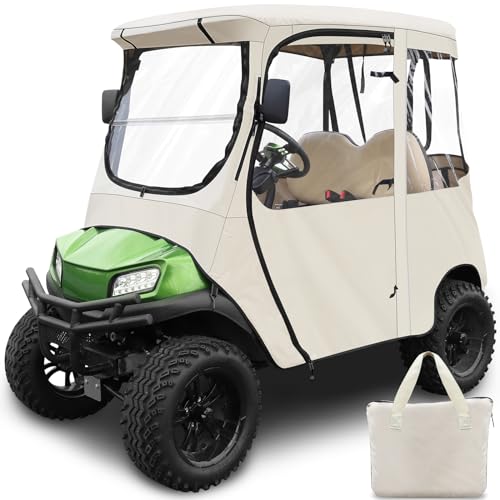 Cartalia Golf Cart Deluxe Driving Enclosure 2 Passenger Only Fit Club Car Precedent, Tempo & Onward Golf Cart with Door Zipper, Clear Window 600D Heavy Duty Rain Cover Waterproof Windproof - Beige