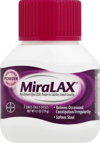 Image of MiraLAX Laxative Powder, Gentle Constipation Relief for Adults, Stool Softener with Peg 3350, Nonstimulant Laxative, No Harsh Side Effects, OsmoticLaxative, 7 Dose, 4.1 Ounce (Pack of 12)