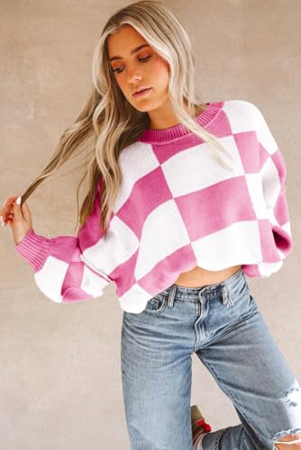 Women's Elegant Rose Stripe Checkered Bishop Sleeve Sweater - Luxuriously Soft Fabric2