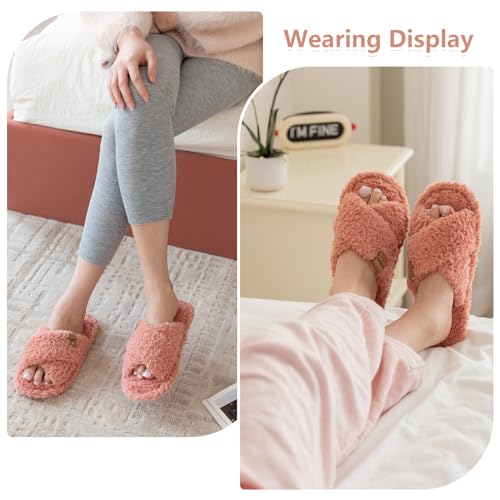 Image of GOEWY Fuzzy Open Toe Slippers for Women Cozy Memory Foam House Shoes Indoor | Cute Cross Band,Soft Faux Fur,Anti-slip Sole Outdoor,Machine-washable,Lightweight,Slip on Gifts for Women,Mom and Bridesmaid